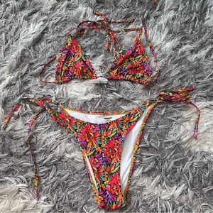Tropical Floral Tie-Side Bikini Set - Multicolor